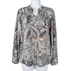 Dressbarn Top Small V-Neck Long Sleeve Paisley Print Neutral‎ Flowy BOHO Blouse